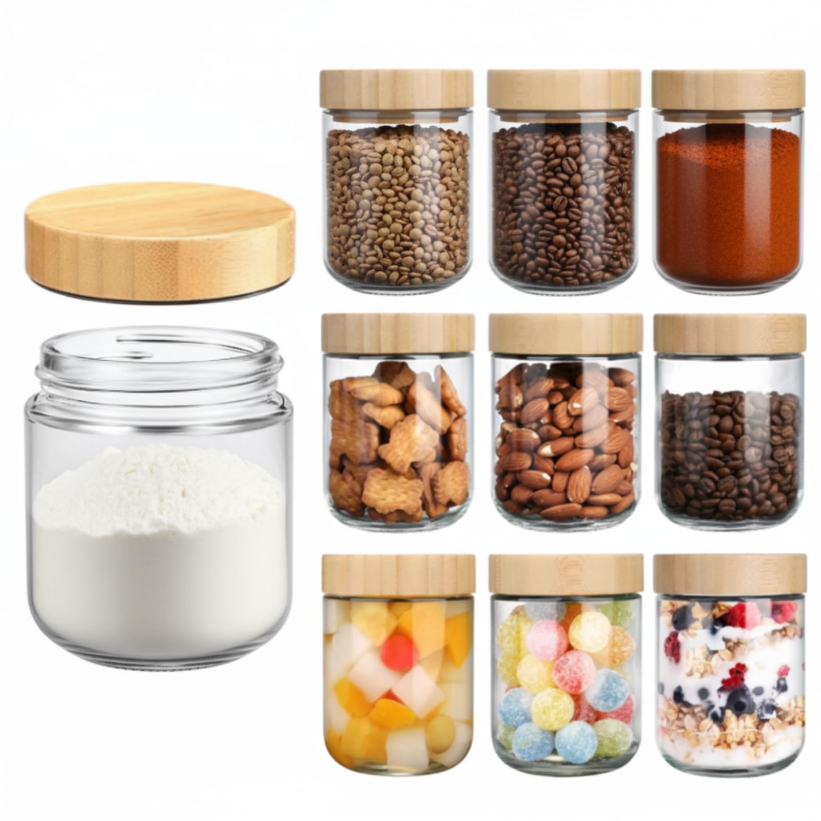 Norme 12 Pcs 16oz Overnight Oats Containers with Lids Glass Mason Jars with Acacia Wood Airtight Lids Bulk Wide Mouth Mason Jars for Salad, Yogurt,