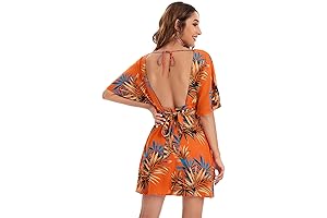 Short Summer Dress for Women with Tropical Floral Plunging V Neck and Tie Open Back