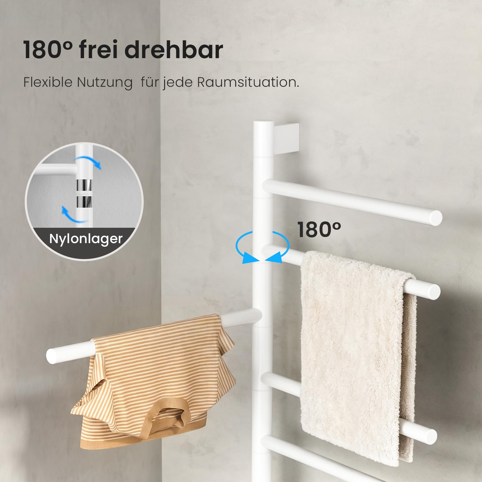 Heilmetz 78x45cm Handtuchheizkörper Elektrisch 135W, 180° drehbar, Weiß | WiFi Smart per App & Sprachsteuerung Carbon-Heizung 30–70°C 1–24h Timer Wochenprogramm