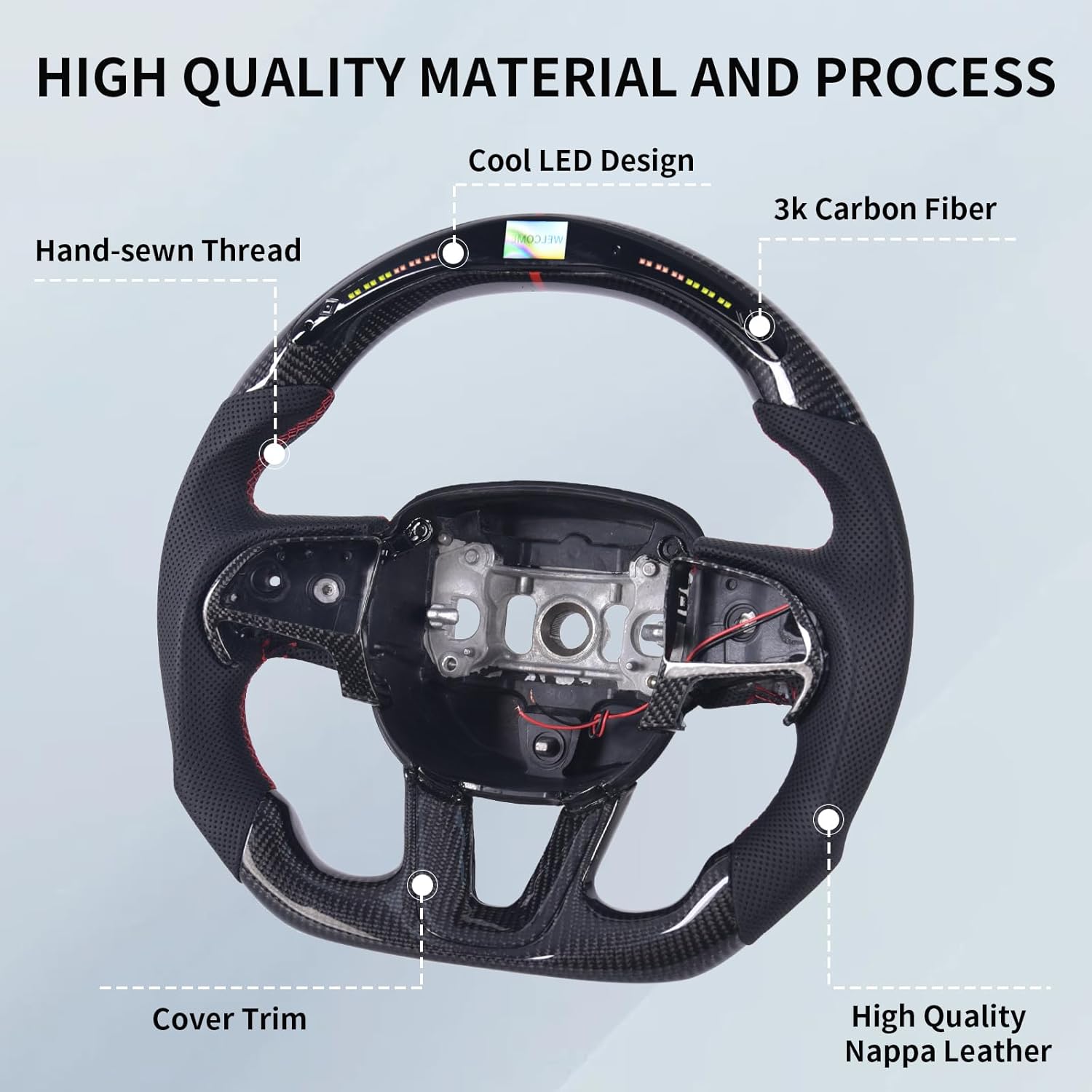 Carbon Fiber Steering Wheel for Dodge Charger/Challenger/Durango/SXT/GT/RT/SRT/Heallcat 2015-2020, LED Shift Indicator Racing Display,D-shaped Flat-bottom Perforated Leather Grip with Trim