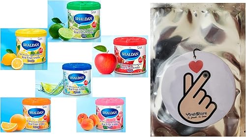 My Shaldan V8 Original Classic Formula surtido de 6 latas aroma a manzana limón lima naranja melocotón portavasos ambientador natural y ambientador