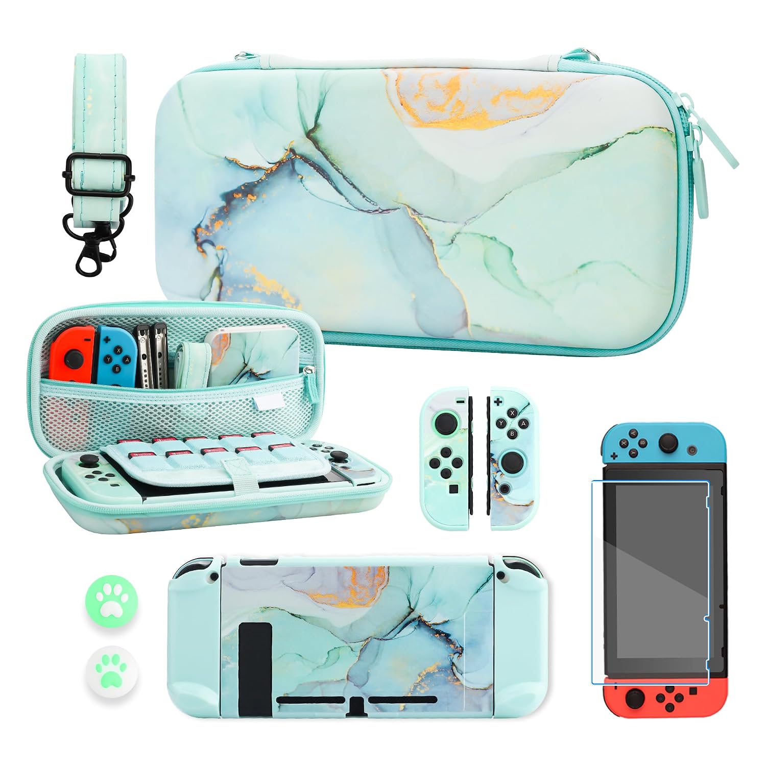RHOTALL Carrying Case for Nintendo Switch, Portable Hard Shell Green Marble Travel Storage Case with Protective Case Cover, Screen Protector, Adjustable Shoulder Strap and 2 Thumb Cap