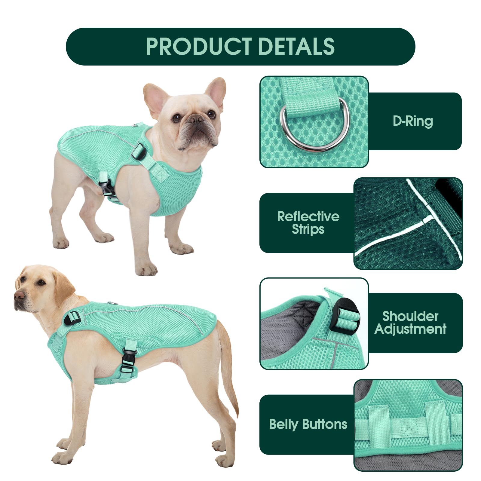 Kuoser Chaleco refrescante para perro, abrigo fresco transpirable para perros, arnés reflectante de refrigeración para perros, verde, S