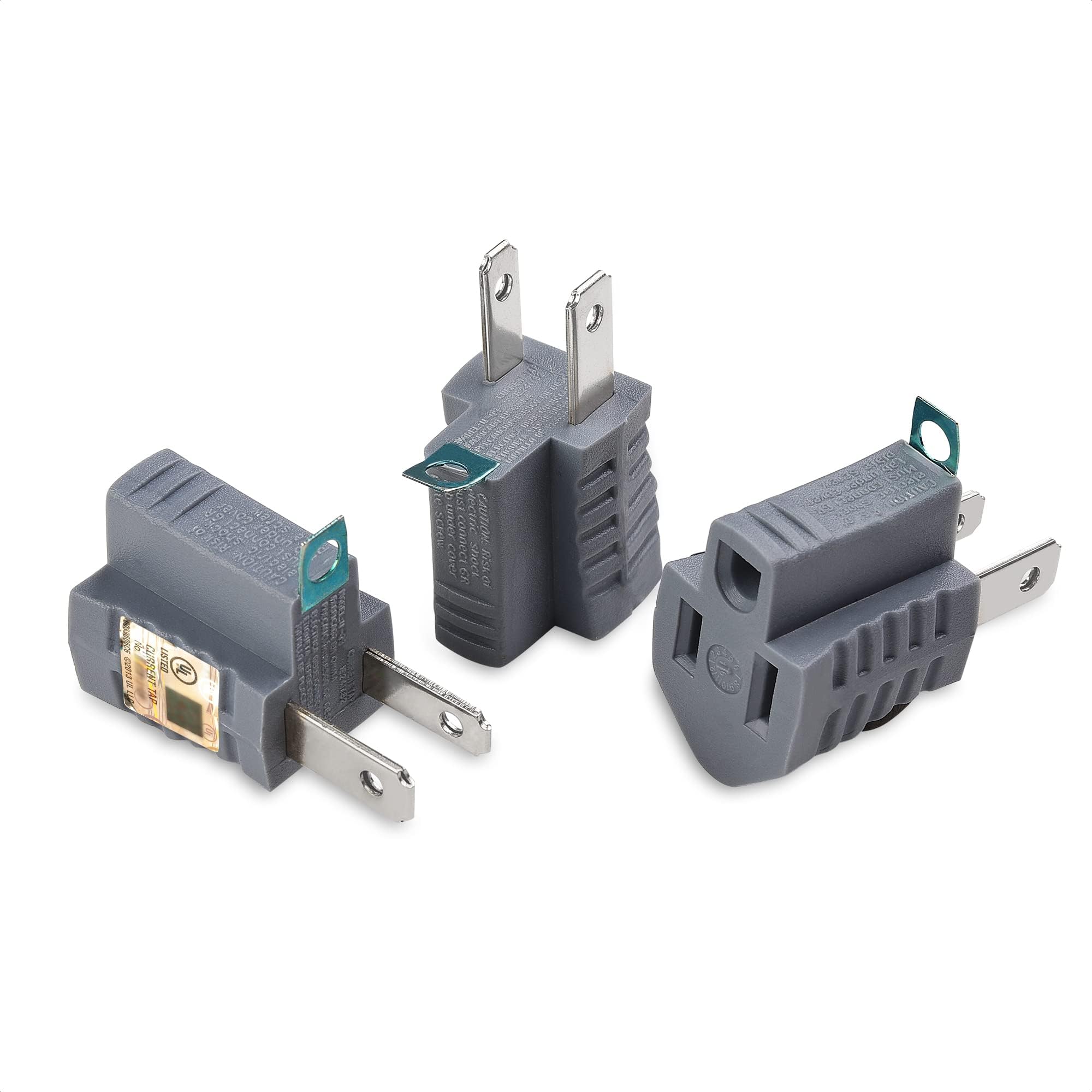 Cable Matters [UL Listed] 3-Pack 2 Prong to 3 Prong Outlet Adapter in Gray, (3Prong to 2Prong Plug Adapter) - Allows a 2Prong Outlet to Accept 3Prong Plugs