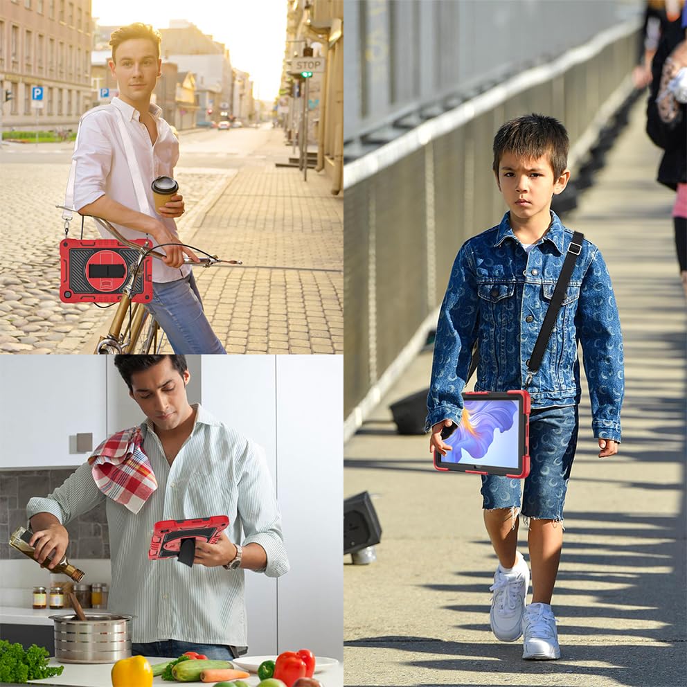 Etui na tablet Honor Pad X8 AGM3-W09HN 25.7 cm, etui na tablet, odporne na wstrząsy, z obrotowym stojakiem o 360° i paskiem na nadgarstek, pasek na ramię, duże, czerwone + czarne