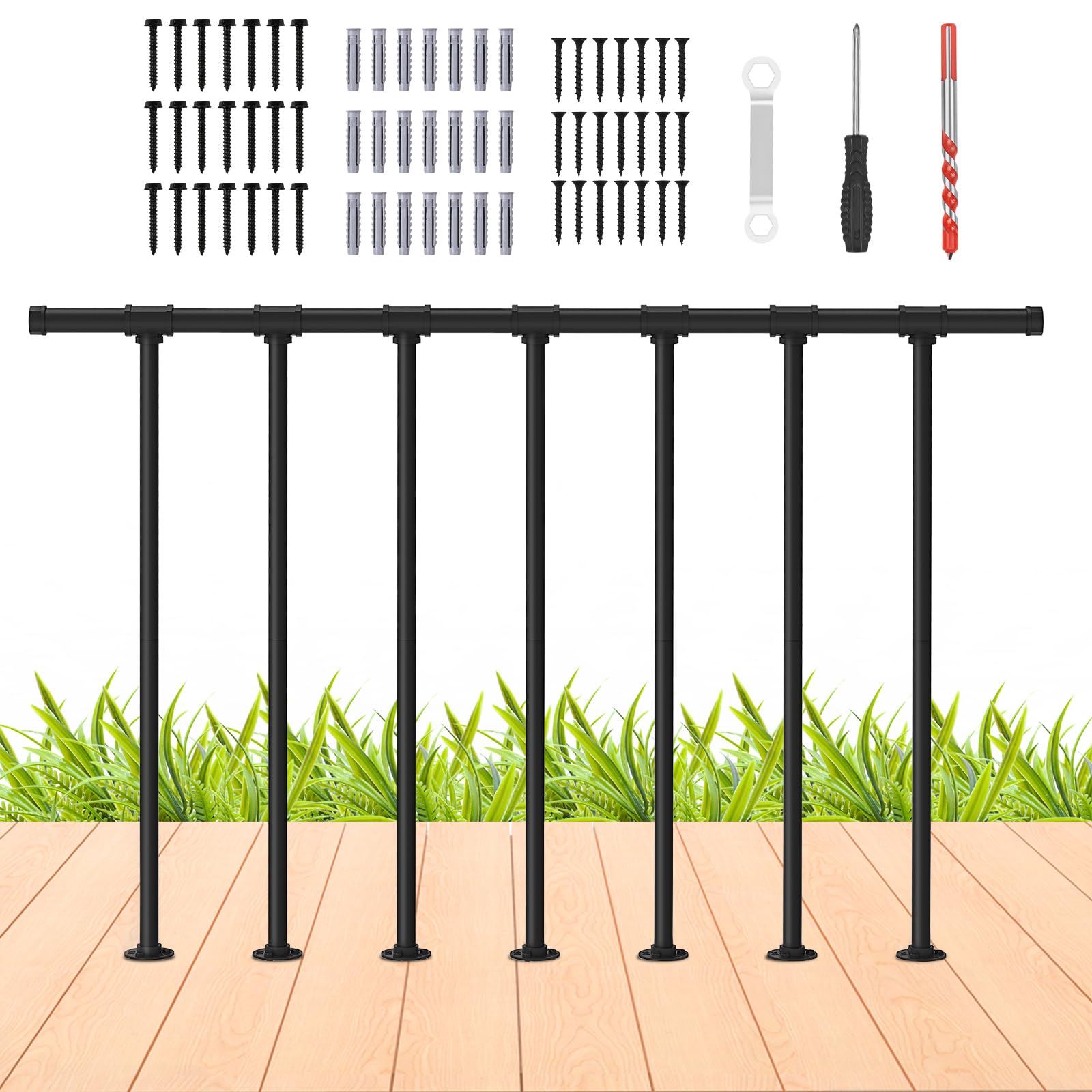 smusei Handrail Deck Railing Metal Porch Railing Guard Rail Kit with Balusters, Wrought Iron Flat Rail Kit for Deck, Porch and Balcony, Black