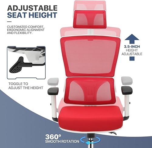 Miniatura 6 de MoNiBloom Silla ergonómica de oficina con respaldo alto y reposacabezas y brazos ajustables, soporte lumbar y función de inclinación, silla de malla