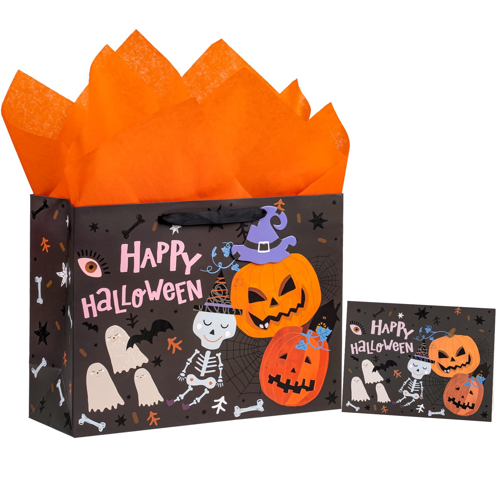 13'' Large Halloween Black Gift Bag Set With Handles, Greeting...