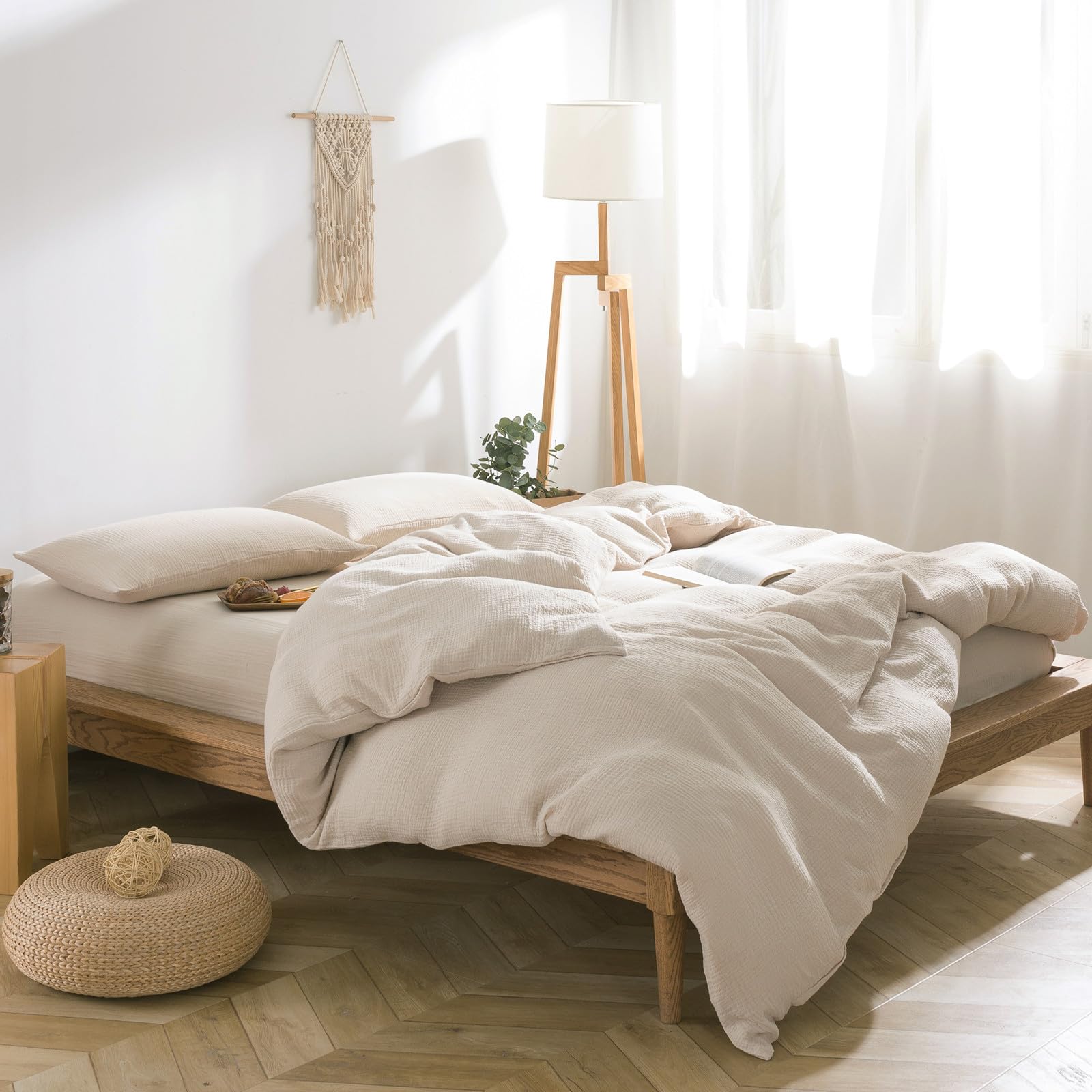 Beige Duvet Cover Set Linen Cotton,King(104"x90"),Gauze - Oatmeal