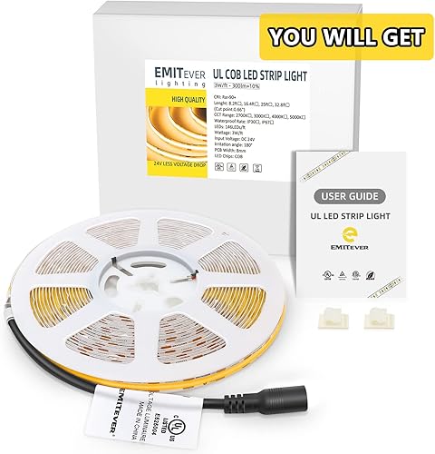 Miniatura 8 de EMITEVER COB - Tira de luces LED de color blanco cálido, cinta de luz de 24 V 2700 K de alta densidad, 300 lúmenespie, 2400 LEDscarrete, Ra 90+,