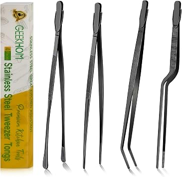 GEEKHOM Heavy Duty 12-Inch Metal BBQ Tongs 4-Piece Commercial Grade Stainless Steel for Grilling & Turning Black