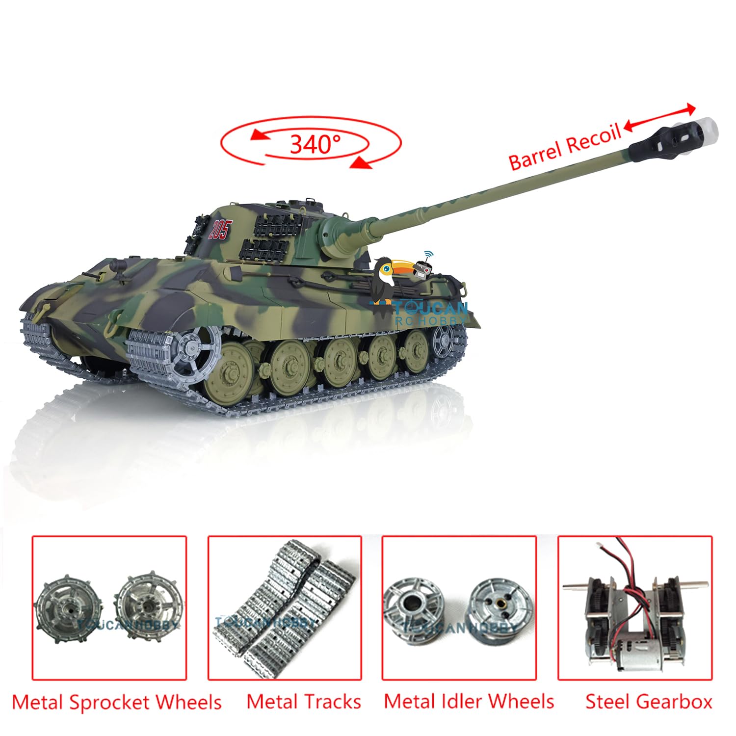 Henglong 2.4G 1/16 7.0 Tedesco King Tiger RC Tank 3888A Metal Track Barrel Recoil Adult Hobby