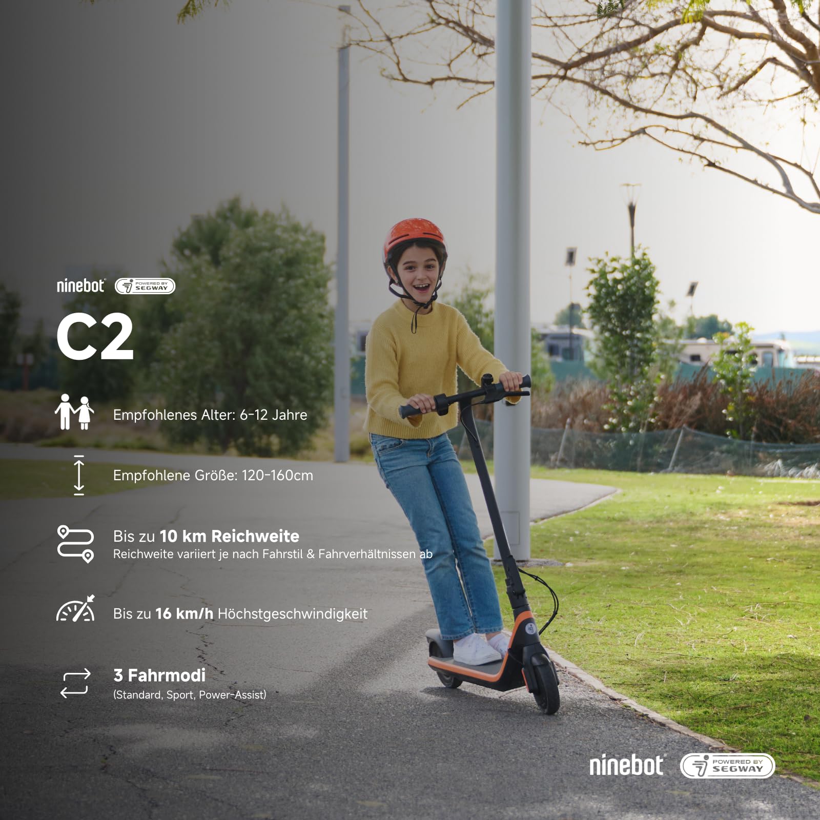 Segway-Ninebot C2 E, Trottinette Électrique Enfant, 3 Modes de Conduite avec Vitesse Maximale de 16 km/h, Autonomie de 11 km
