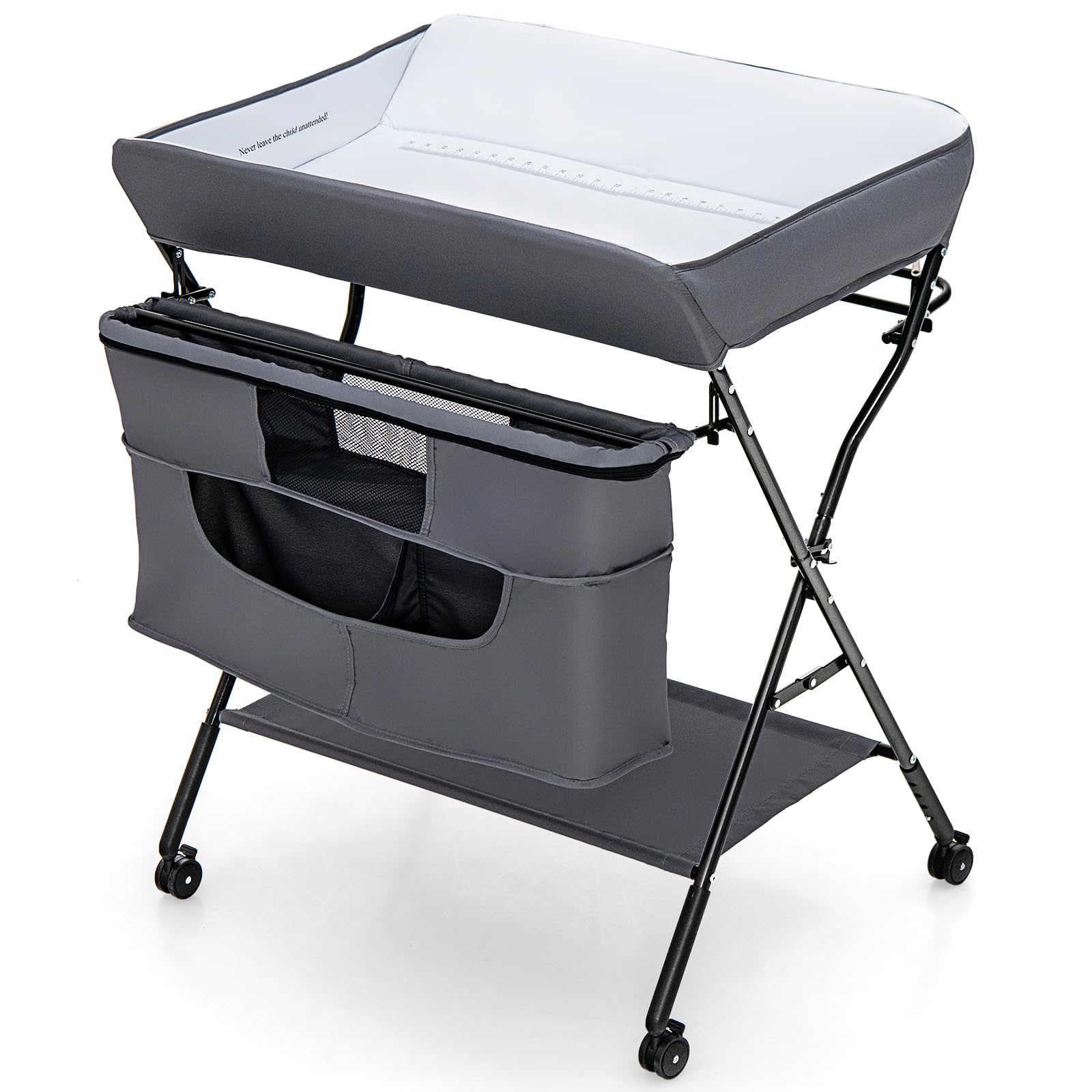 COSTWAY Folding Baby Changing Table, 4-Level Height Adjustable Newborn Massage Tables with Lockable Wheels, Hanging Rod, Storage Bag & Shelf, Infant Care Station Diaper Organizer (Grey)