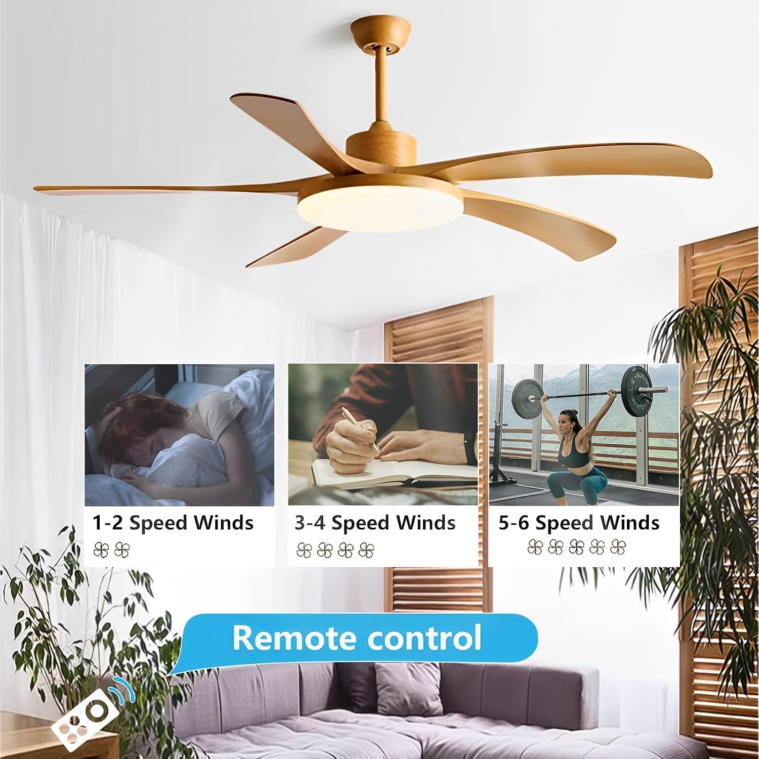 Large Quiet Ceiling Fan Modern Remote Ceiling Fans With Lights 72W LED 60in Ceiling Fan Light 5 Blades, Reversible DC Motor, 6 Speeds Ceiling Fans For Indoor Bedroom Living Room (Wood Grain