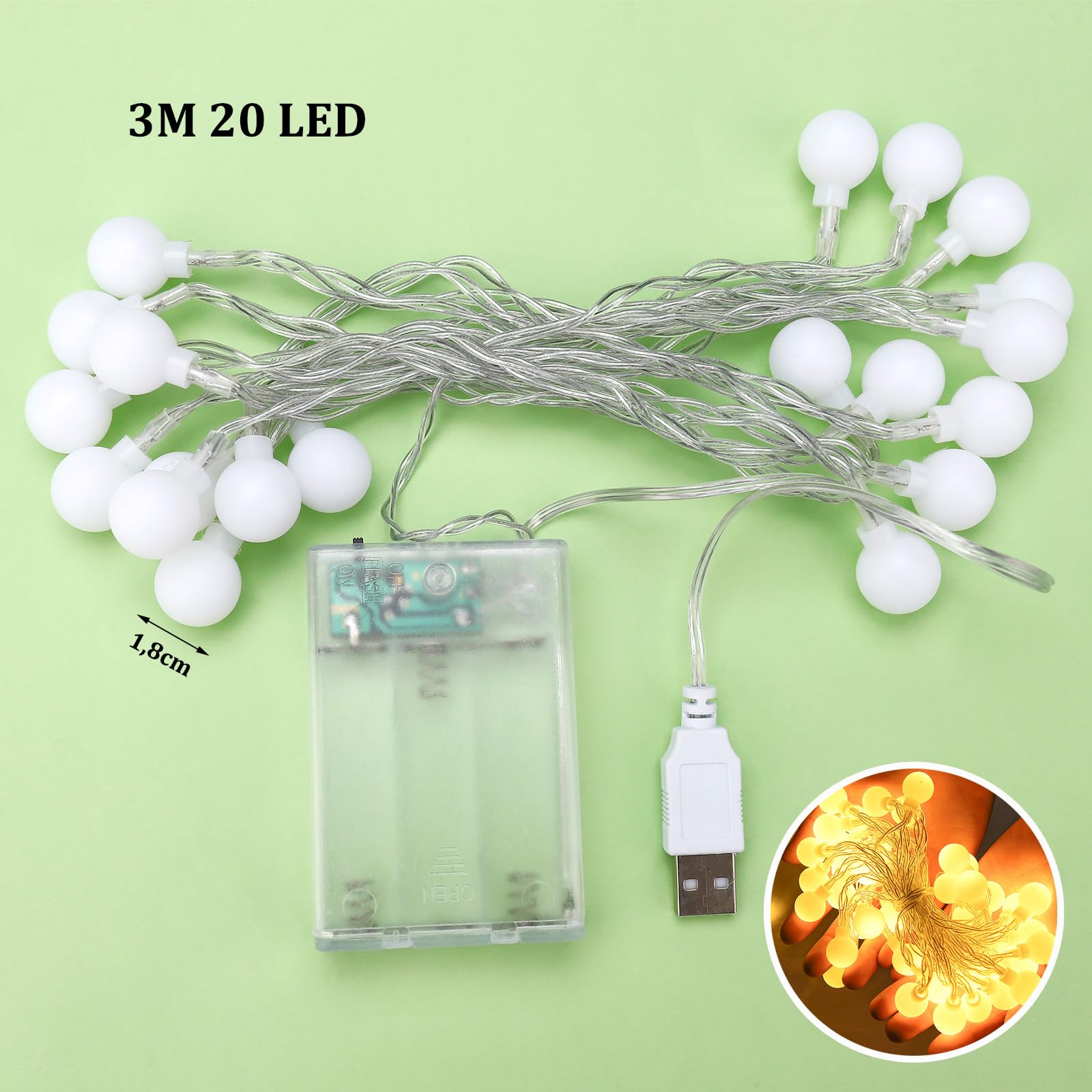 ELINKUME Lichtsnoer met 20 katoenen bollen, warmwit, 3,3 m, werkt op batterijen, sfeerverlichting, decoratieve verlichting voor balkon, raam, feest, bruiloft, Kerstmis