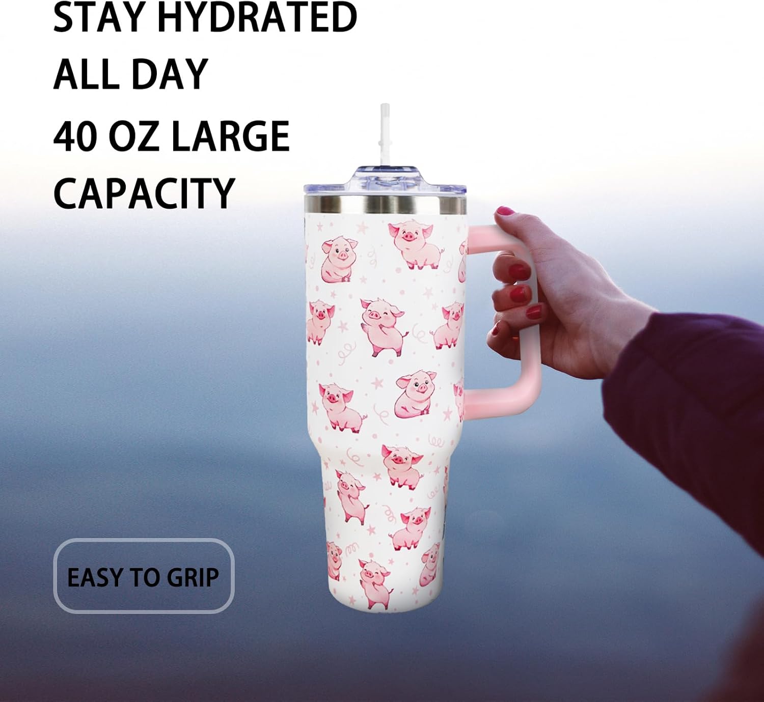 Pink Pig Travel Cup 40 Oz Tumbler With Handle and Straw - Cute Coffee Mug Drinking Glass - Unique Gifts for Pig Lovers, Women, Friends, Girls - Christmas Birthday Present - Image 5