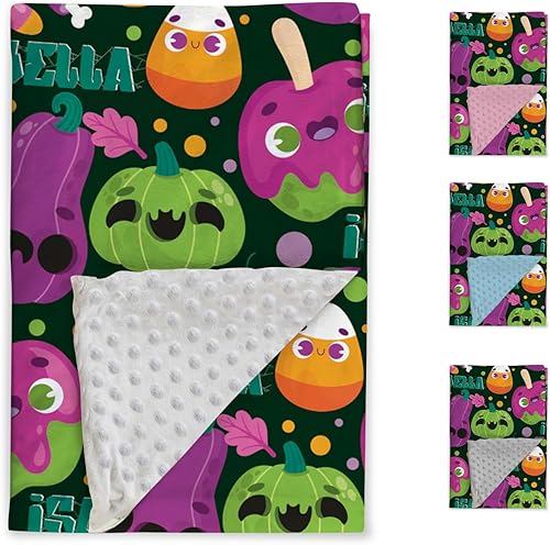 Miniatura 2 de Manta de Halloween personalizada, diseños de dibujos animados con nombre personalizable, manta de franela de felpa suave con respaldo punteado de