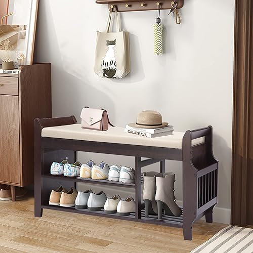 Miniatura 26 de Banco de zapatos de bambú con 3 ganchos laterales, cojín gris extraíble, almacenamiento de zapatos de entrada de 2 niveles, 37.4 x 11.4 x 19.3