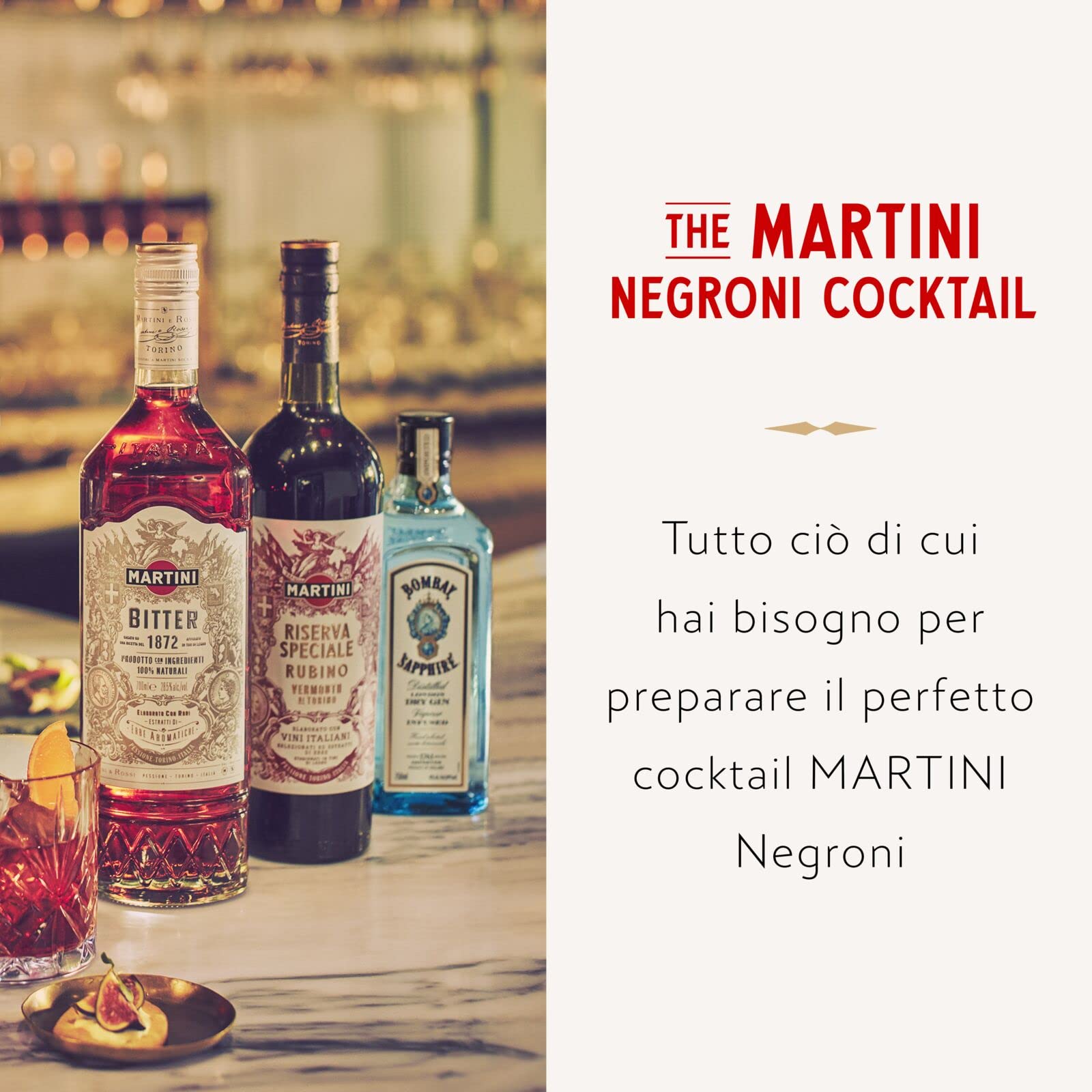 Martini Negroni Cocktail Kit Gift Set, Include Martini Riserva Speciale Rubino Vermouth 75cl, Martini Riserva Speciale Bitter 70cl, Gin Bombay Sapphire 35cl, Bicchiere Tumbler Martini