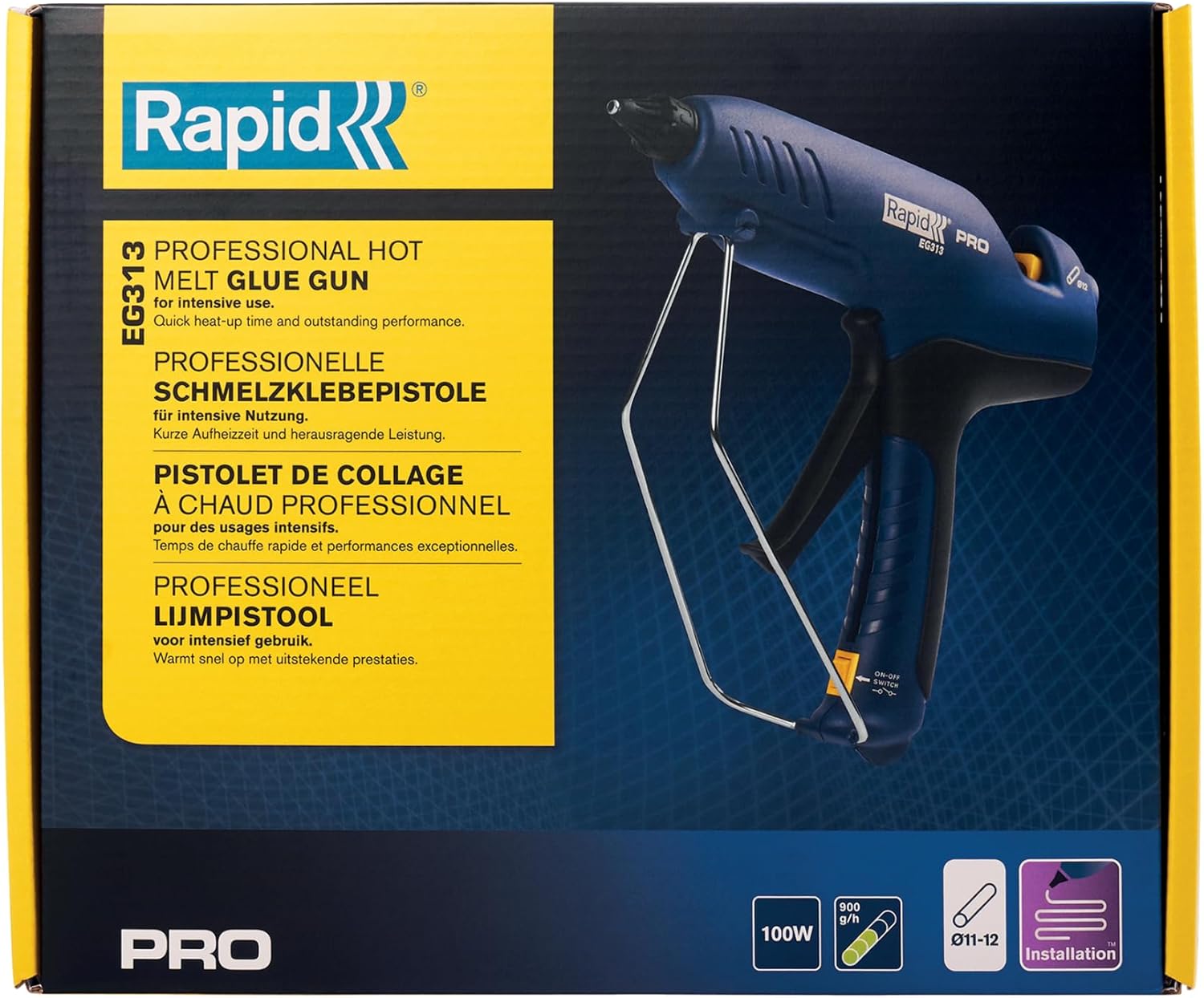 RAPID EG313 Glue Gun Professional Compact Hot Glue Gun with 900g/h Output and Three Minute Heat-Up Time, Perfect for Fix Cables, Attach Trim, Joints and Fittings 5001573 Blue