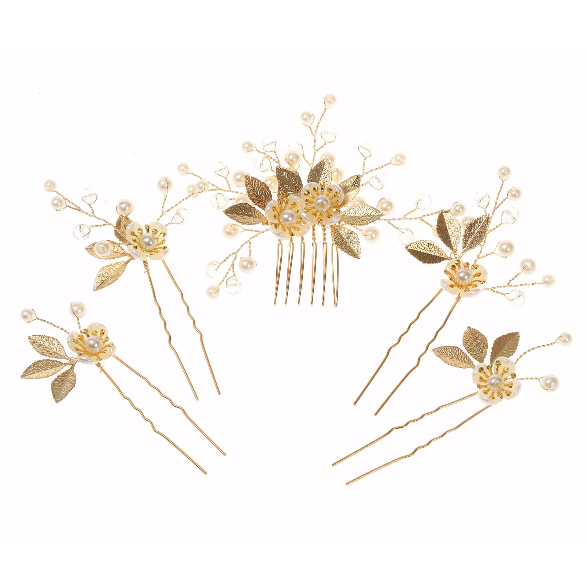 Wedding Hair Clip,5 PCS Bride Wedding Guest Hair Combs Rhinestone Hair Clip Pin Gold Bridal Headpiece Crystal Pearl Bridal Hair Barrettes Hairpins for Women Girls
