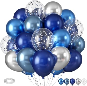 Blue Silver Balloons, Pearl Navy Blue Balloons Metallic Silver Balloon Star Confetti Balloon for Boys Girls Birthday Graduations Baby Shower Wedding Engagement Decorations