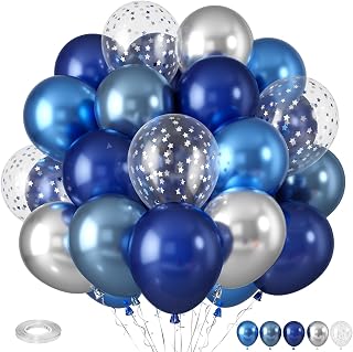 Blue Silver Balloons, Pearl Navy Balloon Metallic Light Blue and Silver Balloons, Star Confetti Party Latex Blue Balloon for Birthday Graduations Baby Shower Wedding Retirement Decorations