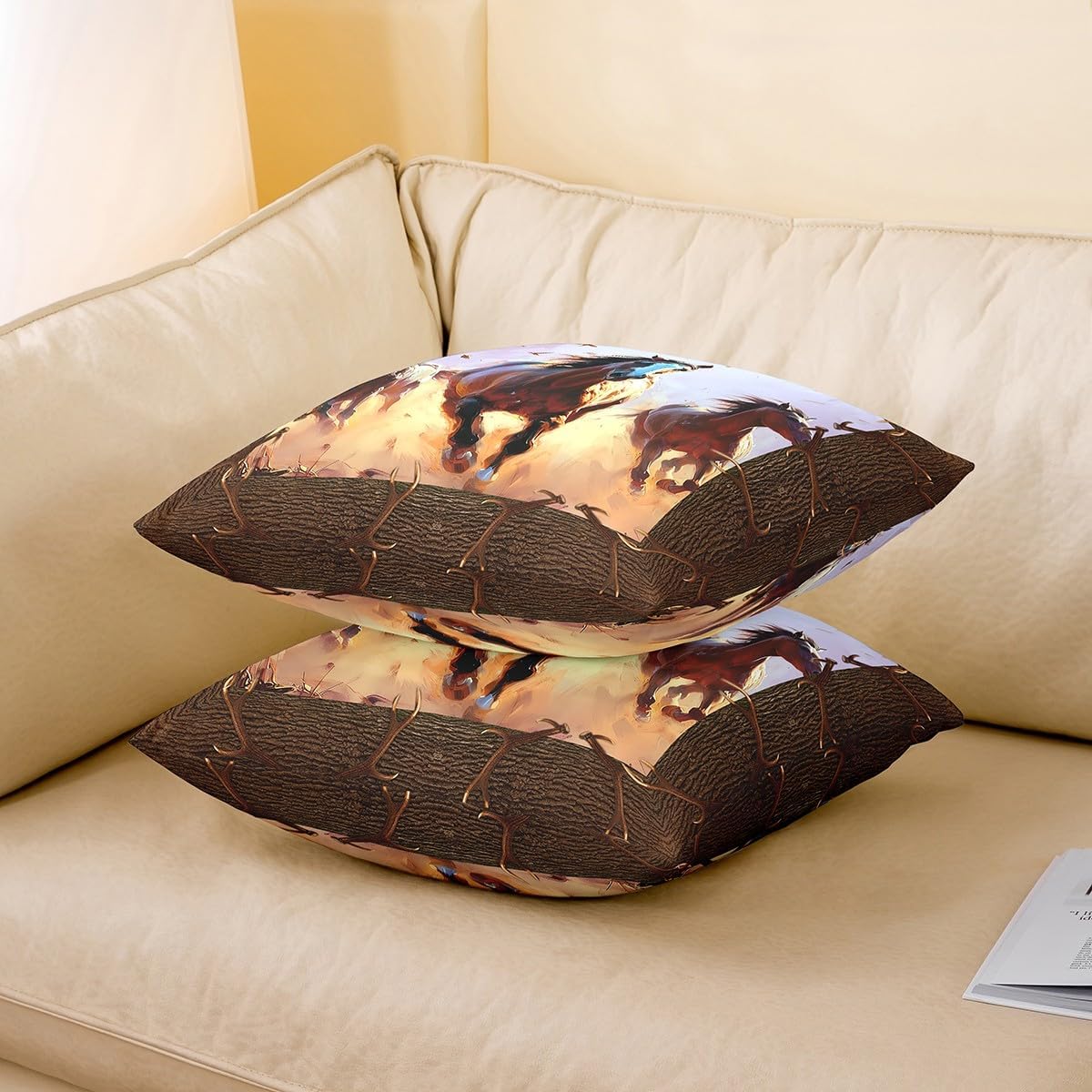 Set of 2 Horse Throw Pillow Covers 24x24, Western Farmhouse Horse Decorative Pillow Covers, Rustic Tribal Theme Pillow Covers for Sofa Bed, Galloping Horse Wild Animals Cushion Cases Bedroom Decor