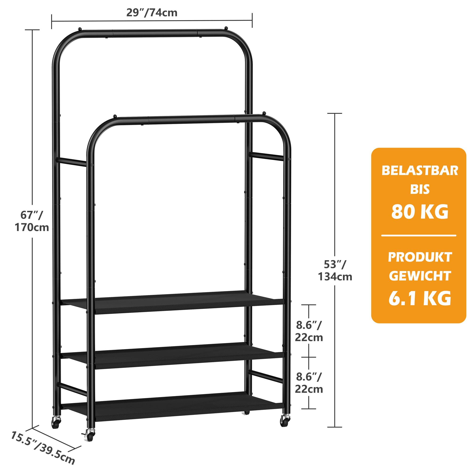HOMIDEC Kleiderständer mit 3 Ablagen, Doppelstange Kleiderstange auf Rollen, Metallrahmen, Geeignet für Schlafzimmer, Waschküche, Wohnzimmer, Bekleidungsgeschäfte, bis 80 kg Belastbar, Schwarz