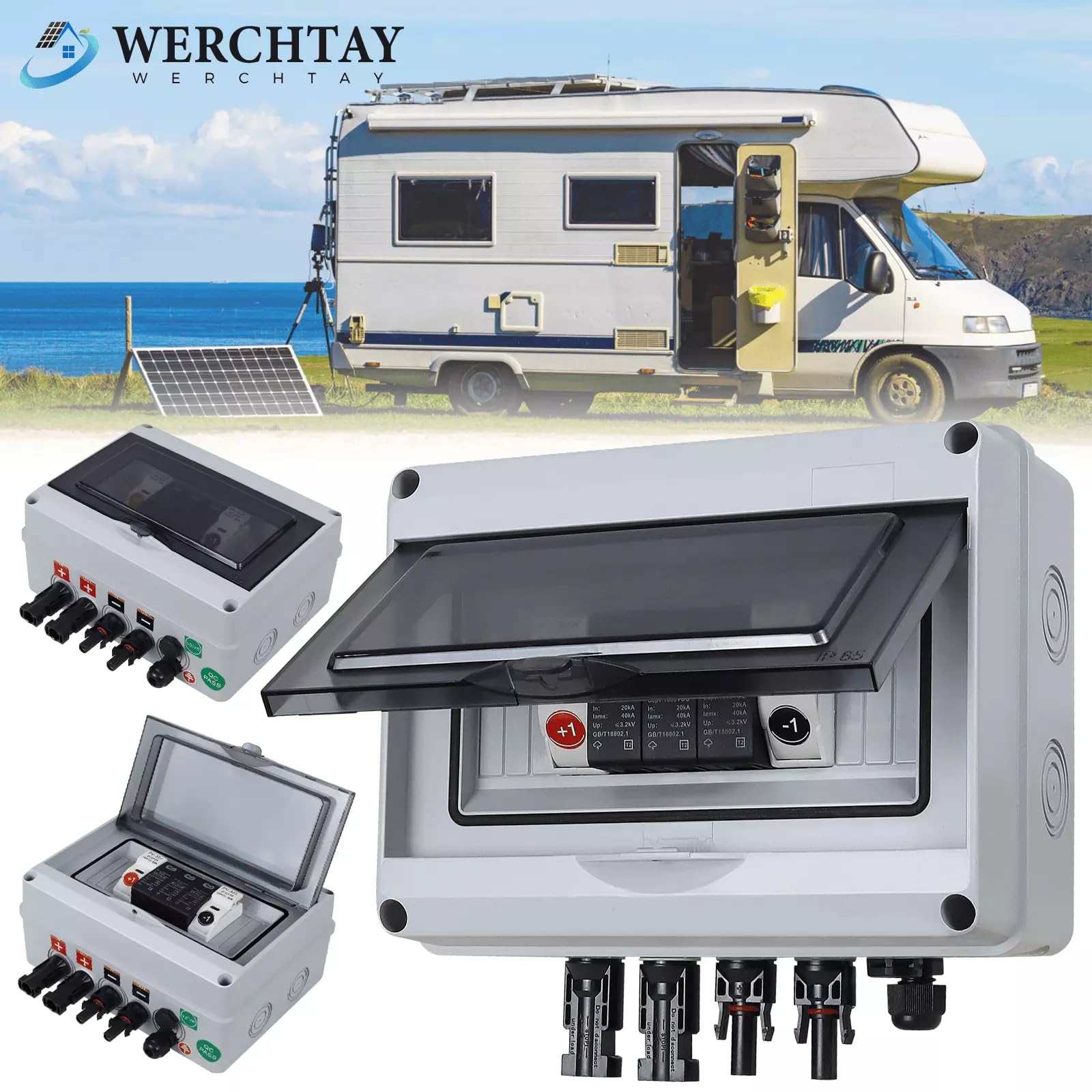 WERCHTAY Überspannungsschutz PV 1000V DC Trennschalter PV Anlage 32A Solar Anschlusskasten Solar System AC DC 1-strings 2-strings (12M)
