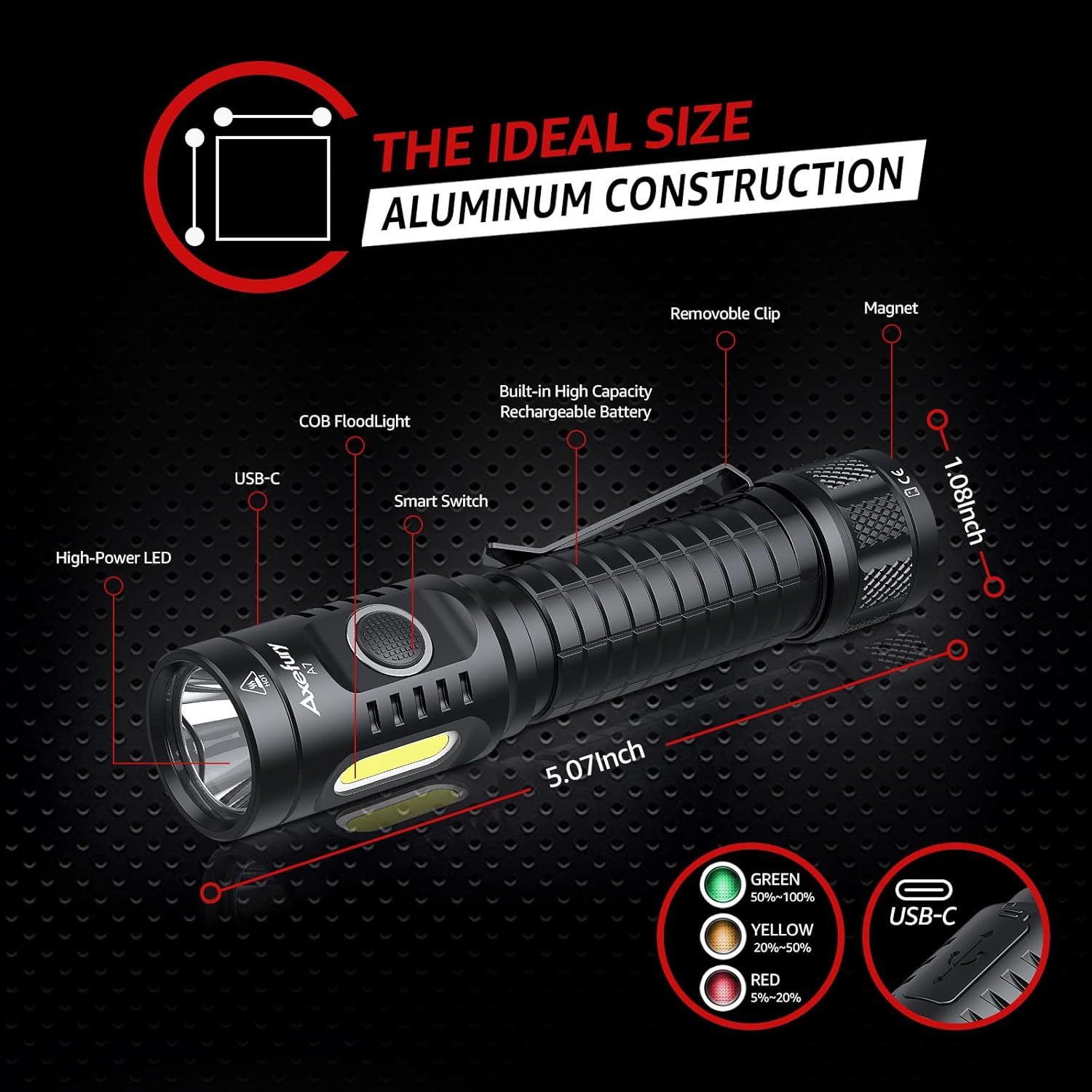 Flashlight, Rechargeable Magnetic LED Flashlight High Powered 1300 Lumens,Tactical LED Light Torch COB Work Light,9 Modes,IP67 Outdoor Gear A7