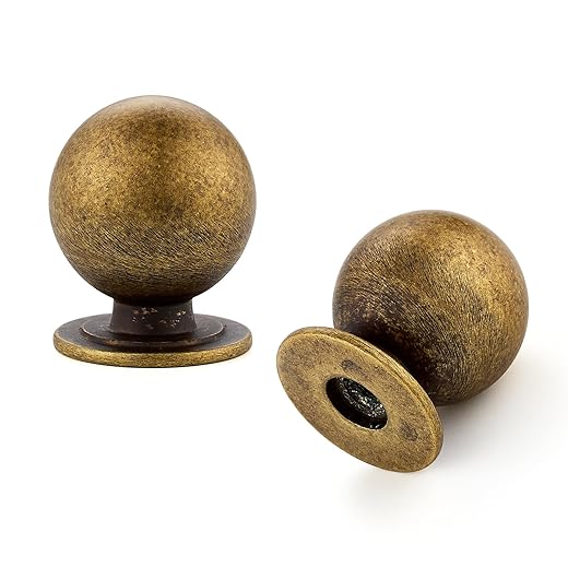 2 Pack Antique Brass Cabinet Knobs, Round Dresser Knobs, Ball Kitchen Cabinet Hardware, 0.95" Diameter