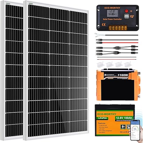 ECO-WORTHY 200 Watt 12V Complete Solar Panel Starter Kit for RV Off Grid with Battery and Inverter: 2pcs 100W Solar Panel + 30A Charge Controller + 100Ah Lithium Battery + Premium Solar Inverter
