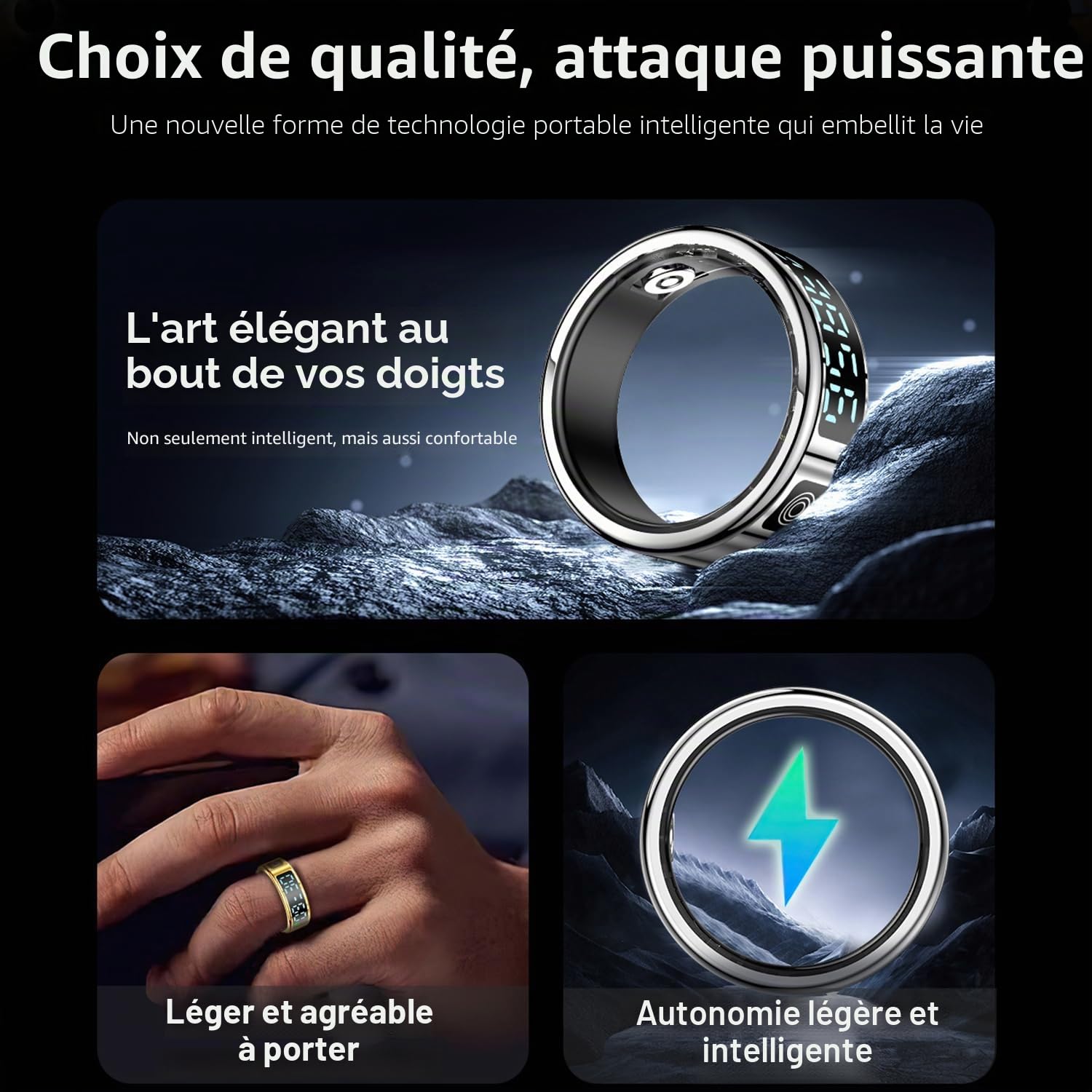 LONGLU Bague Intelligente pour Femmes Hommes avec Écran LED, Bague De Fitness avec Fréquence Cardiaque/Sommeil/Sport/Classe 5ATM Étanche, Tracker De Santé pour iPhone & Android - 9#