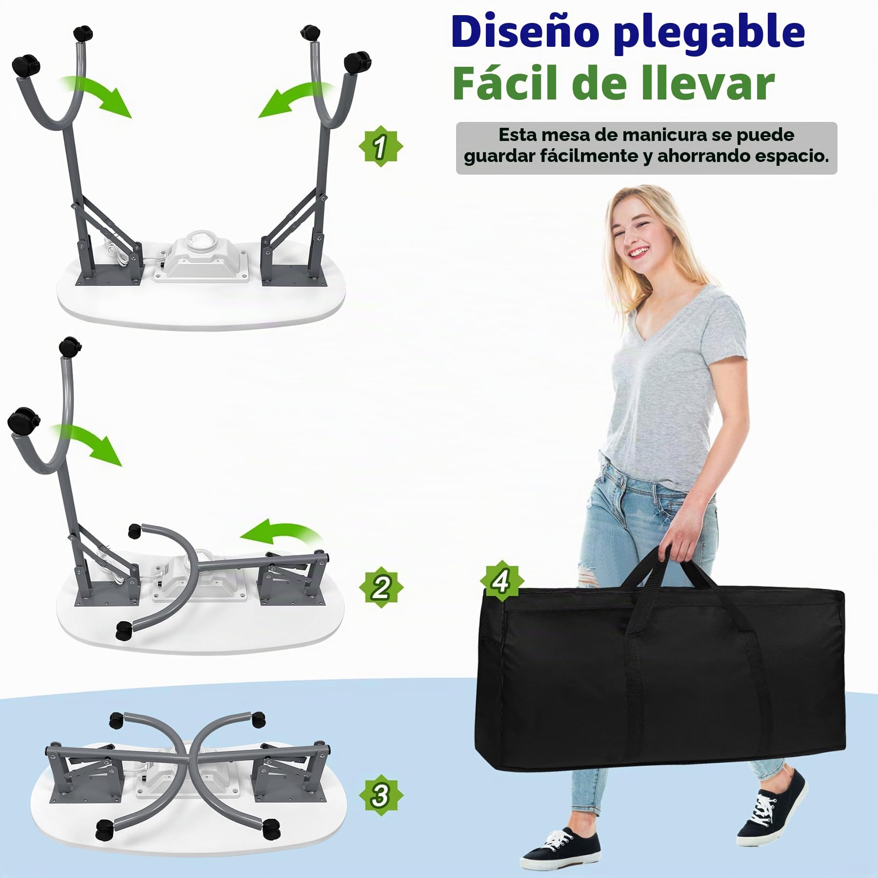Froadp Mesa de Manicura Plegable Con Aspiradora, Móvil de Estudio Con Ruedas, Cojín para Manos, Cajón y Bolsa de Almacenamiento para Salón de Belleza (Blanco)