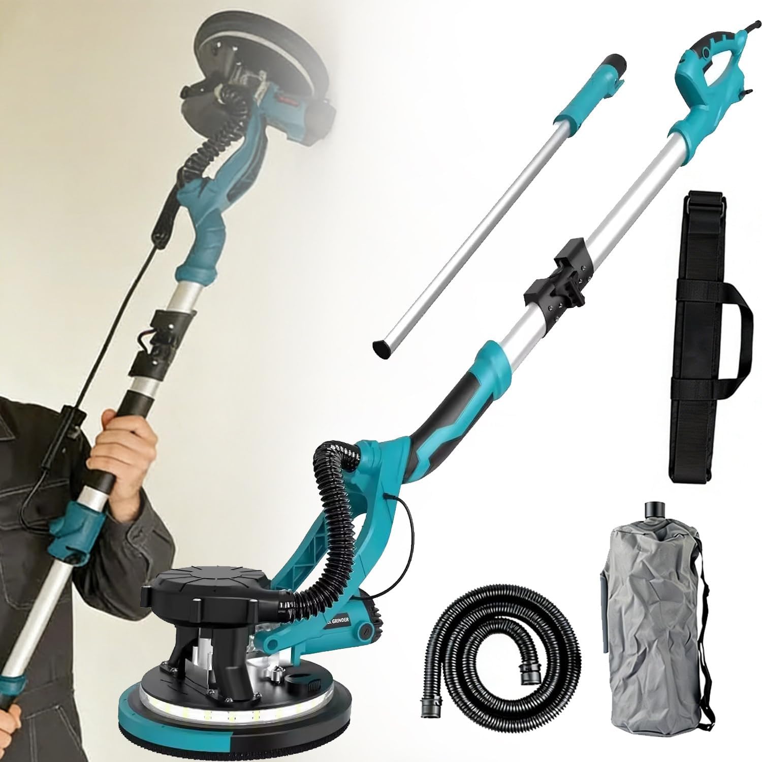 Drywall Sander Electric Wall Sander with Portable Large Carry Backpack, 810W Ceiling Sander, LED Light, Telescopic Pole & 12 Premium Sanding Discs Blue-110V