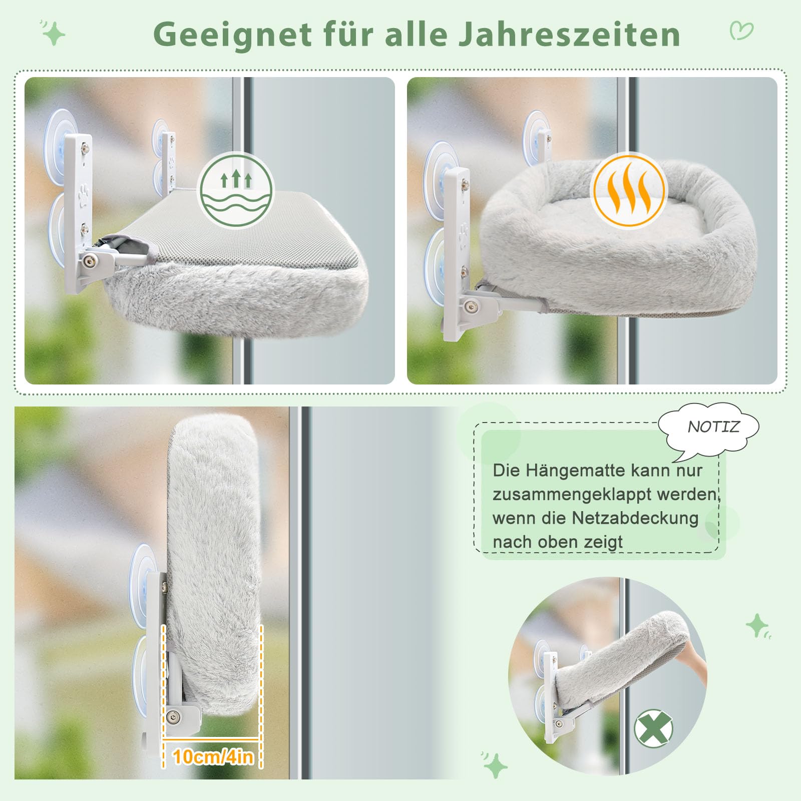 GUUSII HOME Fensterliege für Katzen Katzenbett Fenster Hängematte Katzenhängematte Katze Fensterbank Katzenliege Klappbar Fensterliegeplatz Fensterhängematte Katzenhängebett Bis zu 18kg (Grau, M)