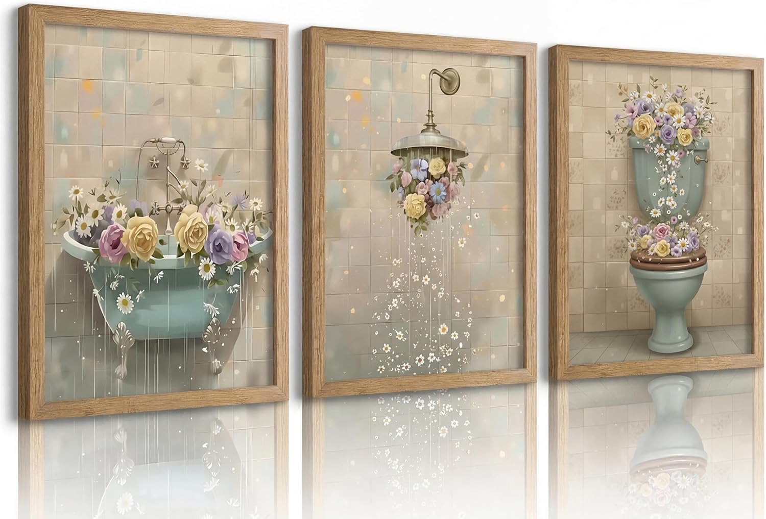 lianyibo Vintage Floral Bathroom Wall Art, Teal Bathtub Shower Toilet Canvas Prints, Rustic Cottagecore Botanical Pictures(60x90x3/Frameless)