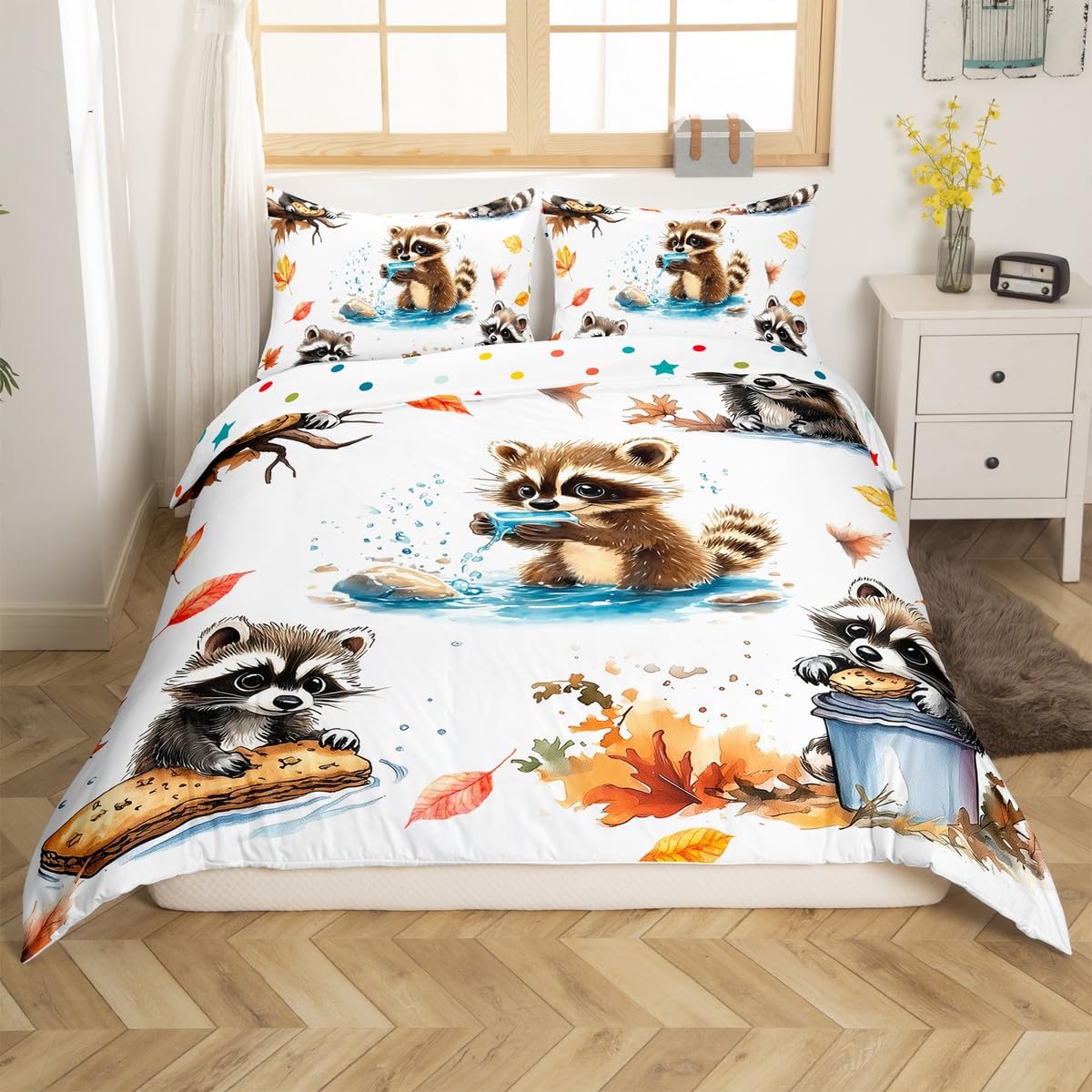 Fall Jungle Duvet Cover Toddler Size for Kids Boys Girls Teens,Kawaii Raccoon Animals 2 Pieces Duvet Cover,Retro Autumn Fallen Leaves Soft Comforter Cover (Not Comforter),Cute Wildlife Quilt Cover