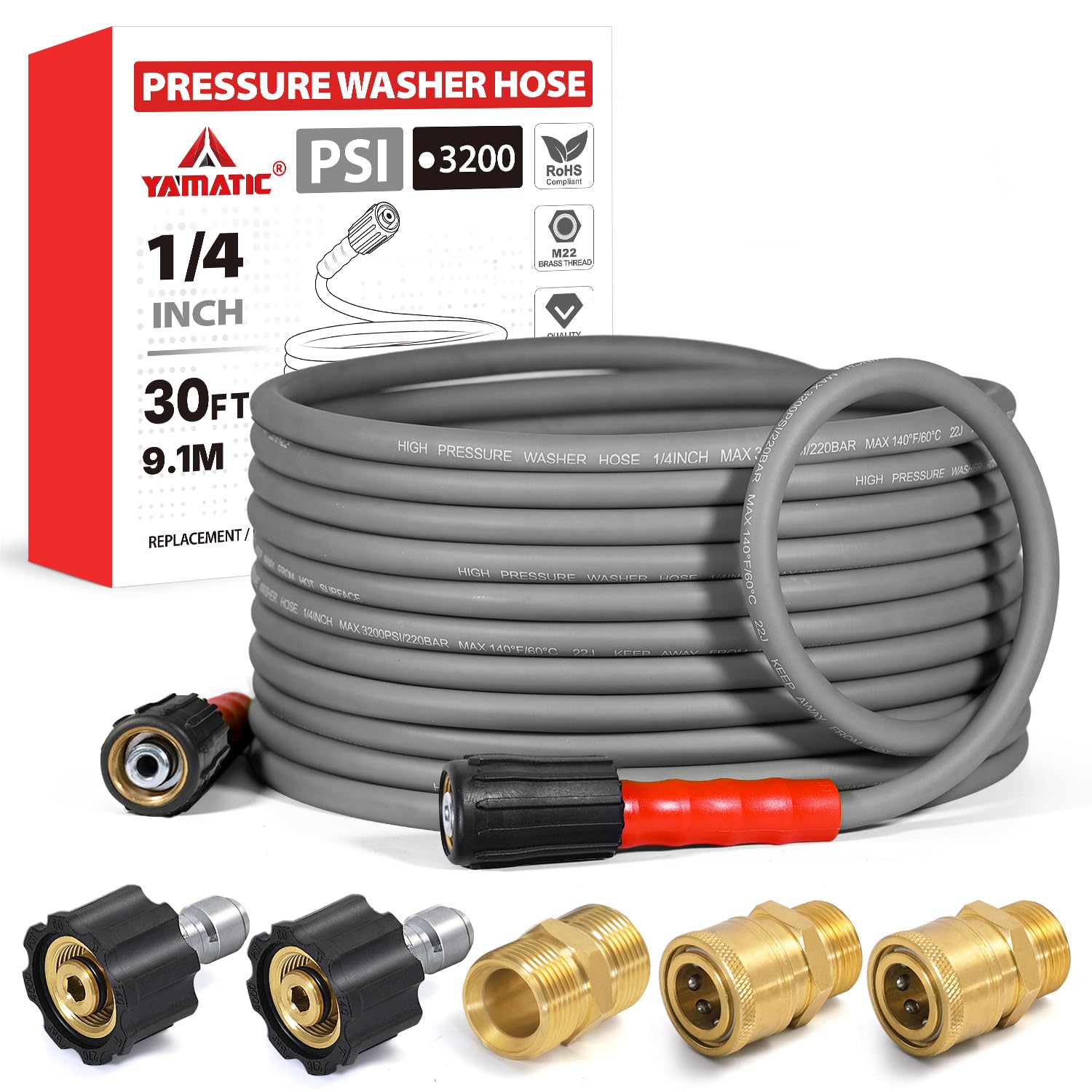 YAMATIC Flexible Pressure Washer Hose 30 FT 1/4", M22-14mm Females
