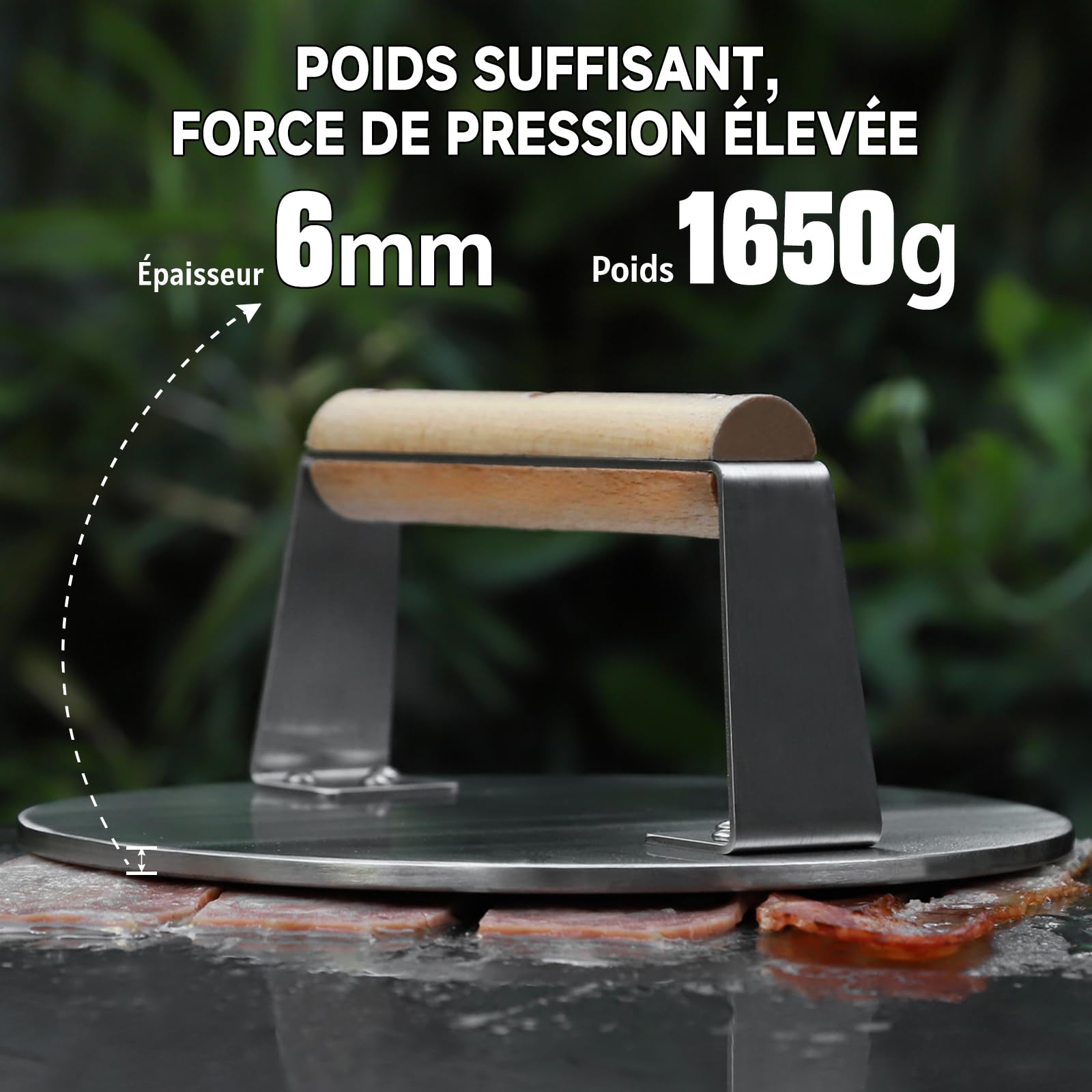 SKY FISH Presse à hamburger Smash en acier inoxydable, 1 650 g, presse à bacon et hamburger robuste avec poignée en bois, outil de presse pour barbecue de 21,6 cm pour steak, viande et crêpes