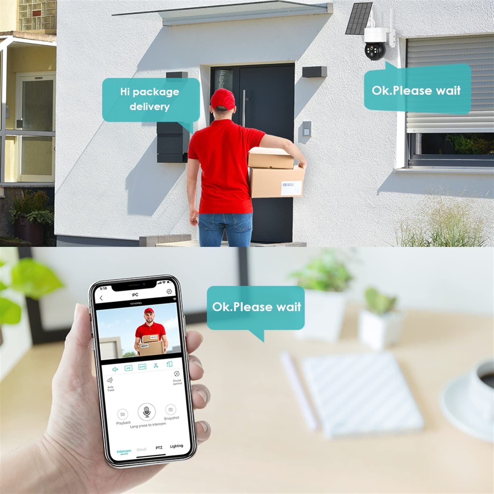 Telecamera Wifi Esterno, Telecamera solare 3MP Telecamera IP PTZ for rilevamento movimento PIR esterna con pannello solare 7800Mah Batteria 1080P CCTV Videosorveglianza ,Sicurezza, Antifurto(1080P NO