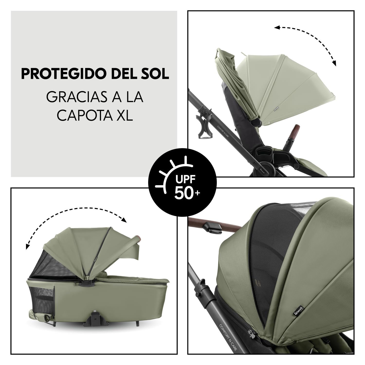 hauck Comfort N Care Set Cochecito 2in1 | Carrito Bebé desde Nacimiento hasta 22 kg - Capazo XL - Ruedas de Goma con Suspensión - Silla de Paseo Ligera Reversible y Reclinable - con Adaptador - Oliva