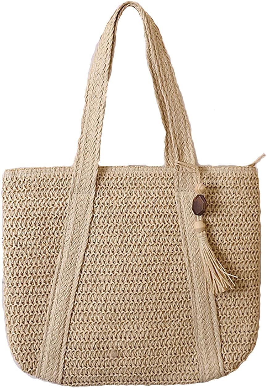 LESSO Machine Weaving Solid Color Woven Bag Hundred Large Capacity Shoulder Straw Bag Vacation Beach Bag