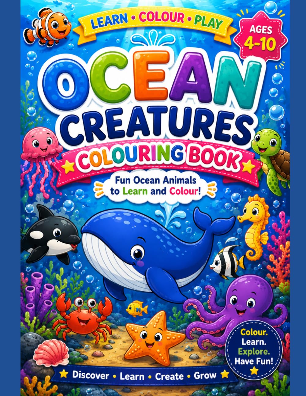 Ocean Creatures Colouring Book: Fun and Easy Ocean Animal Coloring Pages for Kids Ages 4–10