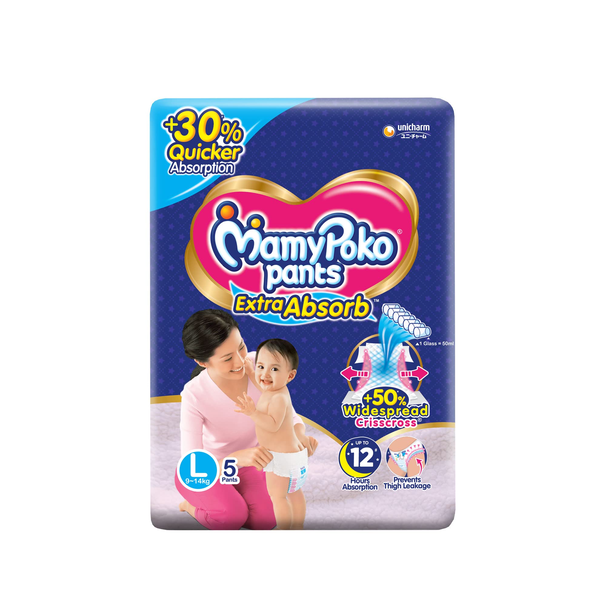 MamyPoko Pants Extra Absorb Baby Diapers, Large (L), 5 Count, 9-14 kg