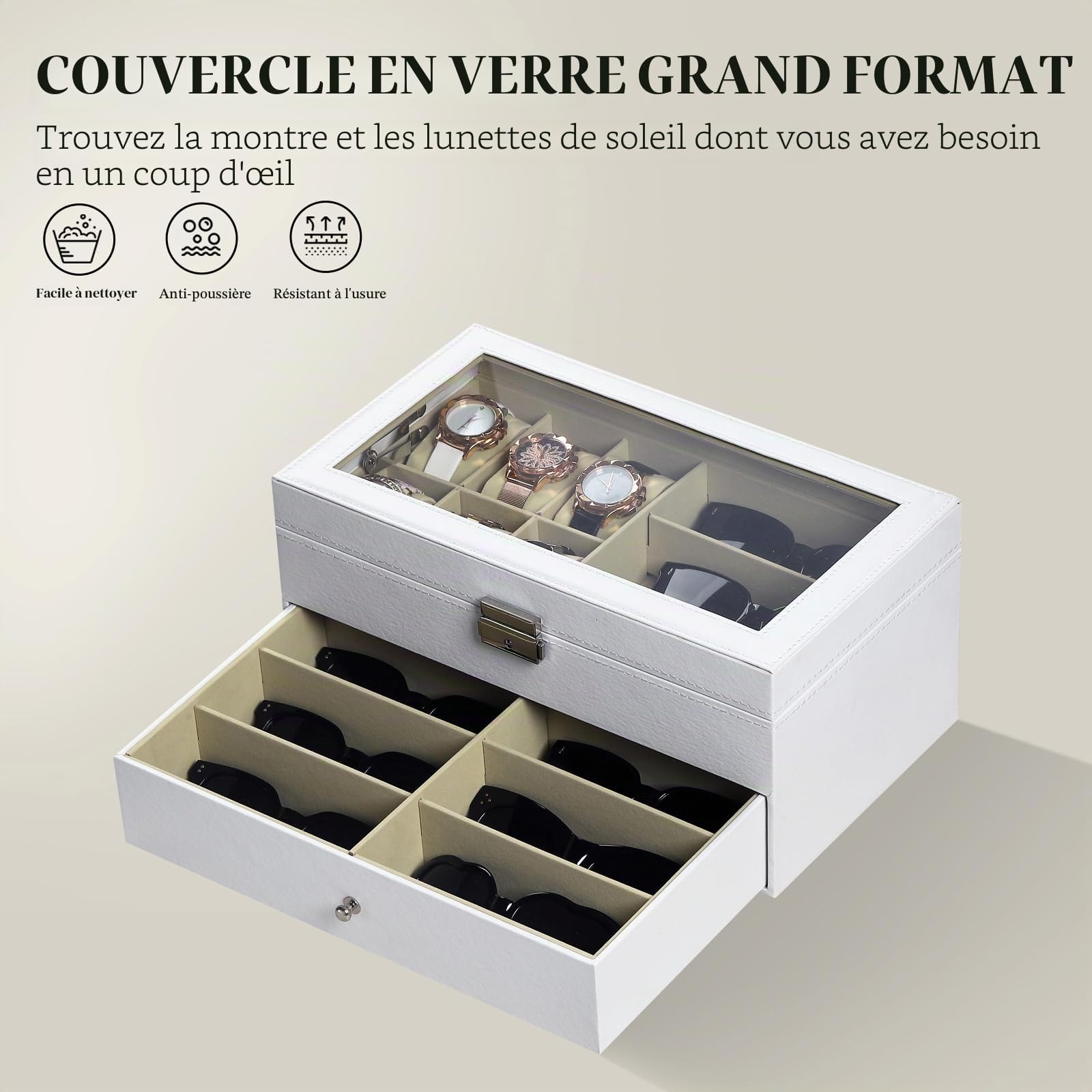 AUTOARK Boîte à bijoux en cuir pour 6 montres et 9 pièces de rangement pour lunettes de soleil avec tiroir verrouillable,Blanc,AW-131