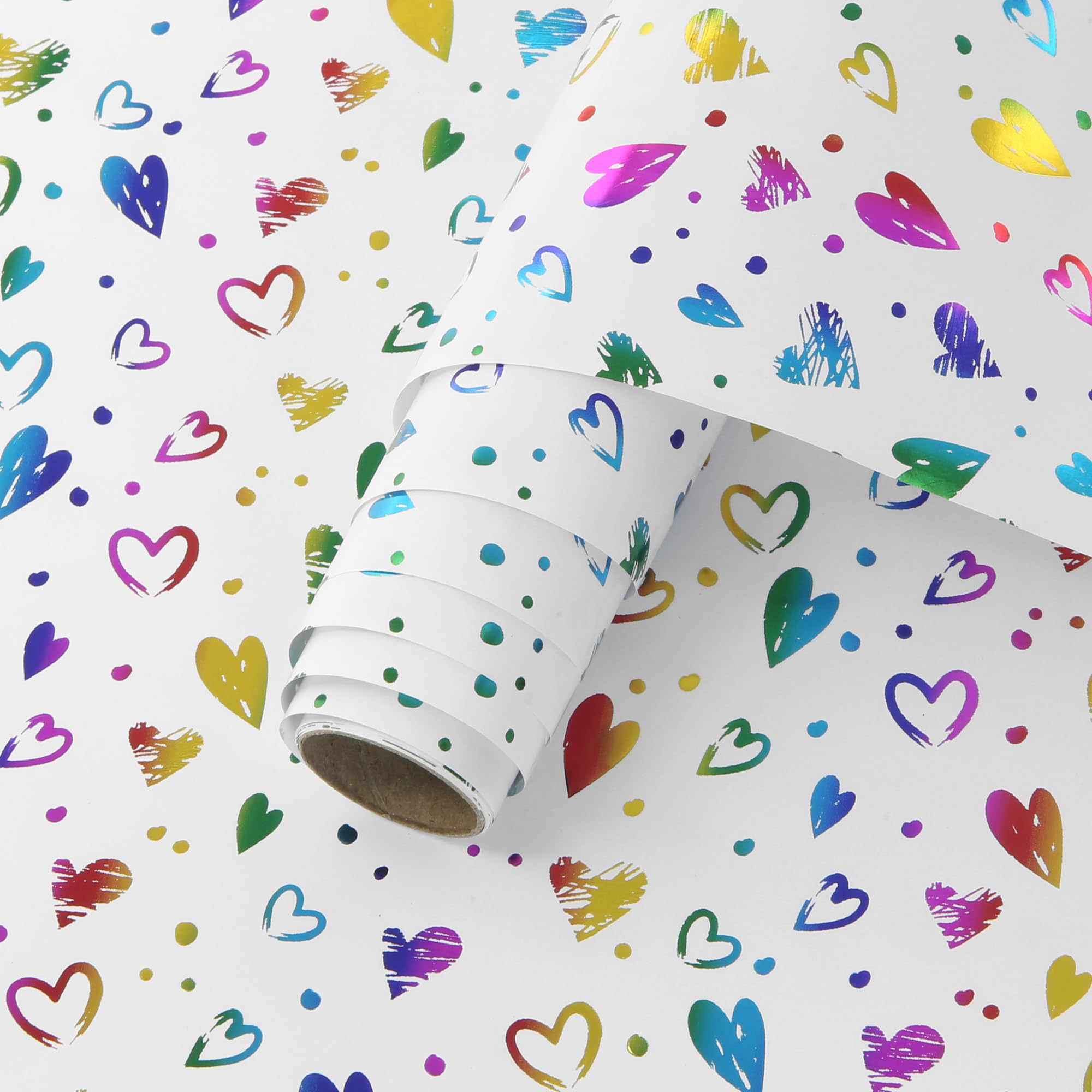 Boerni Hearts Wrapping Paper Roll - Love Hearts Printed Colorful Holographic Foil Design Luxury Gift Wrap for Valentine's Day,Anniversary, Wedding, Birthday,17 Inch x 9.8 Feet(14 sq.ft.ttl.)