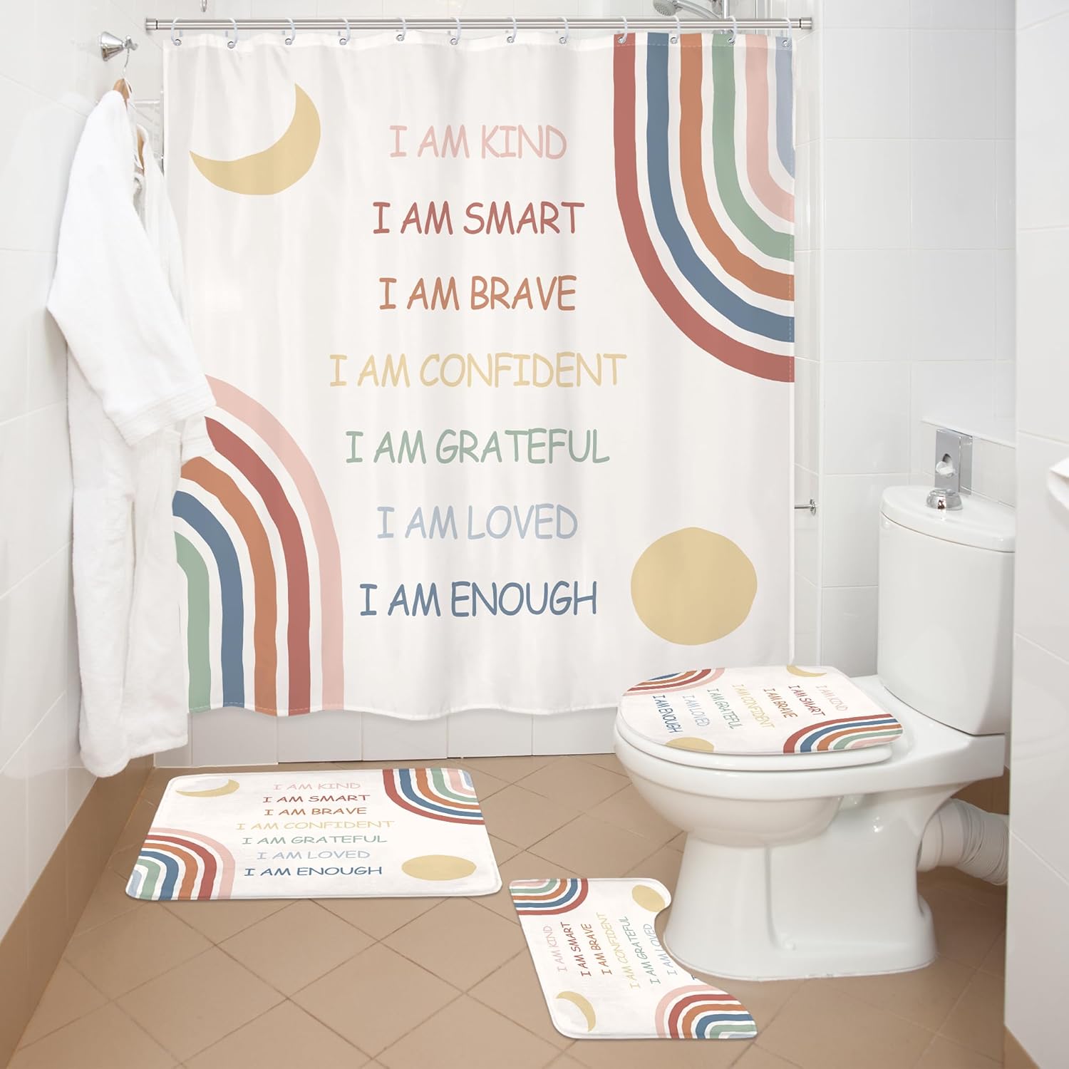 Imirell 4PCS Kids Quotes Shower Curtain Sets 72Wx72H Inches with Rugs, Toilet Lid Cover and Bath Mat, Rainbow Inspirational Bathroom Sets for Teens Waterproof Polyester 12 Pack Hooks Plastic